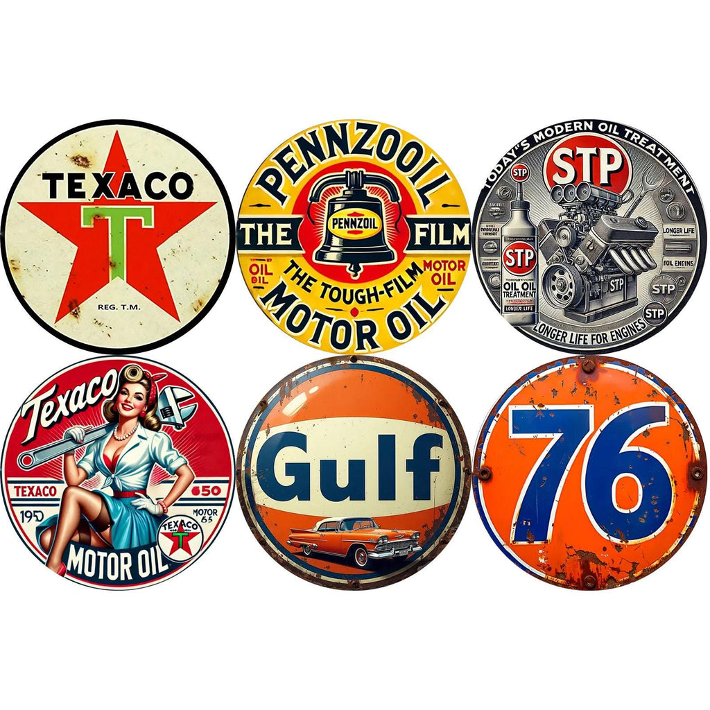 Plaque métallique vintage gaz et pétrole | Texaco, Gulf, Pennzoil | Décoration de garage