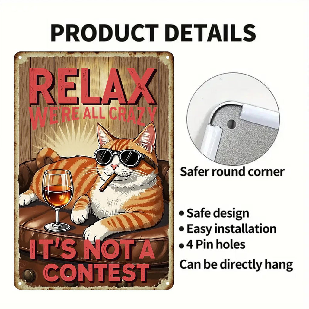 Funny Cat Metal Sign: Retro Crazy Cat Drinking Wine Decor