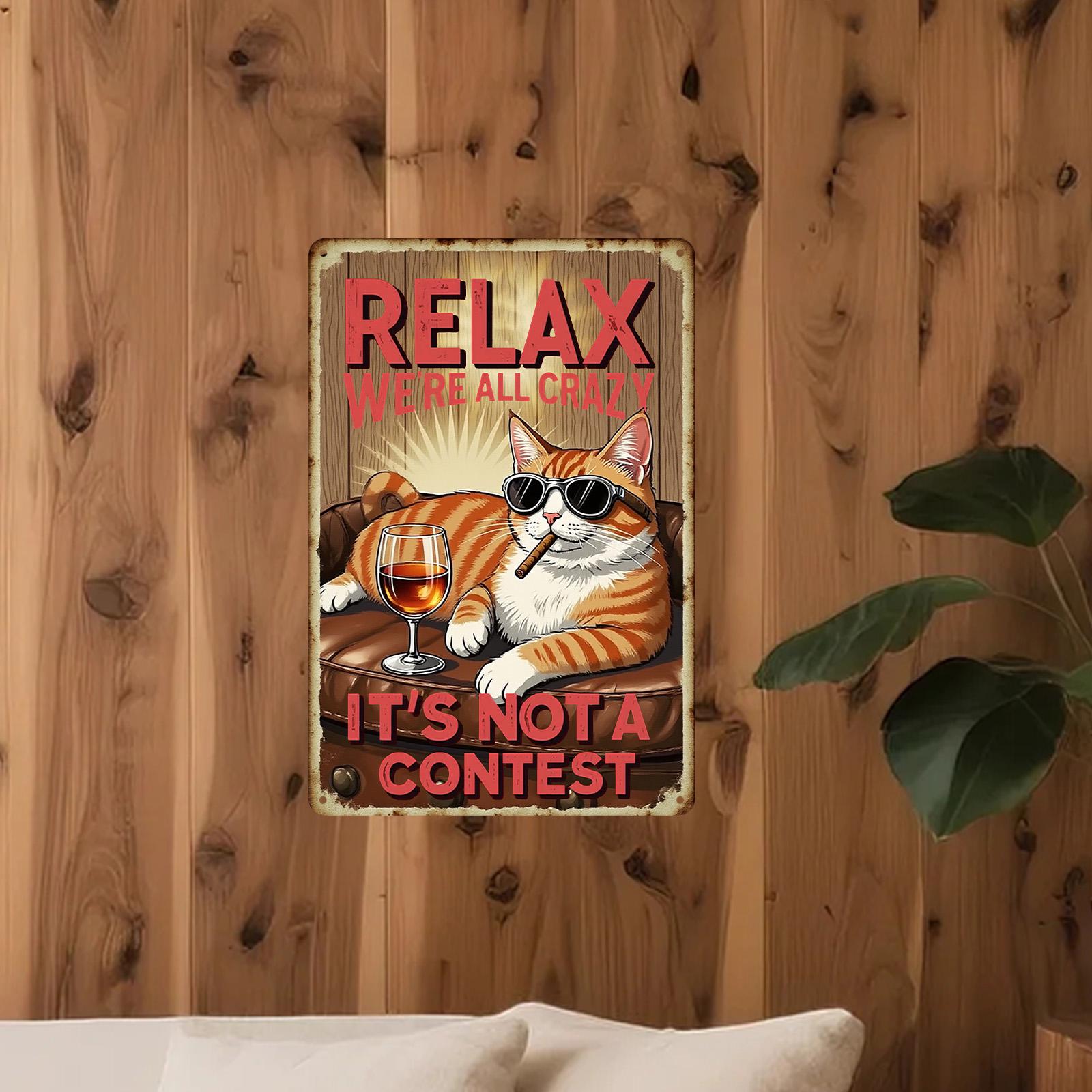 Funny Cat Metal Sign: Retro Crazy Cat Drinking Wine Decor