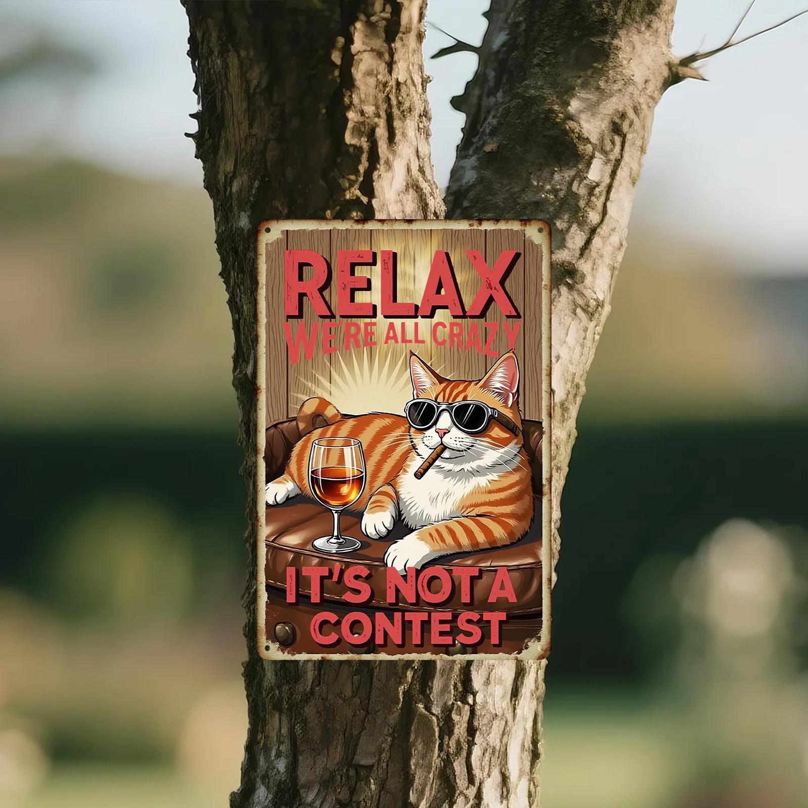 Funny Cat Metal Sign: Retro Crazy Cat Drinking Wine Decor