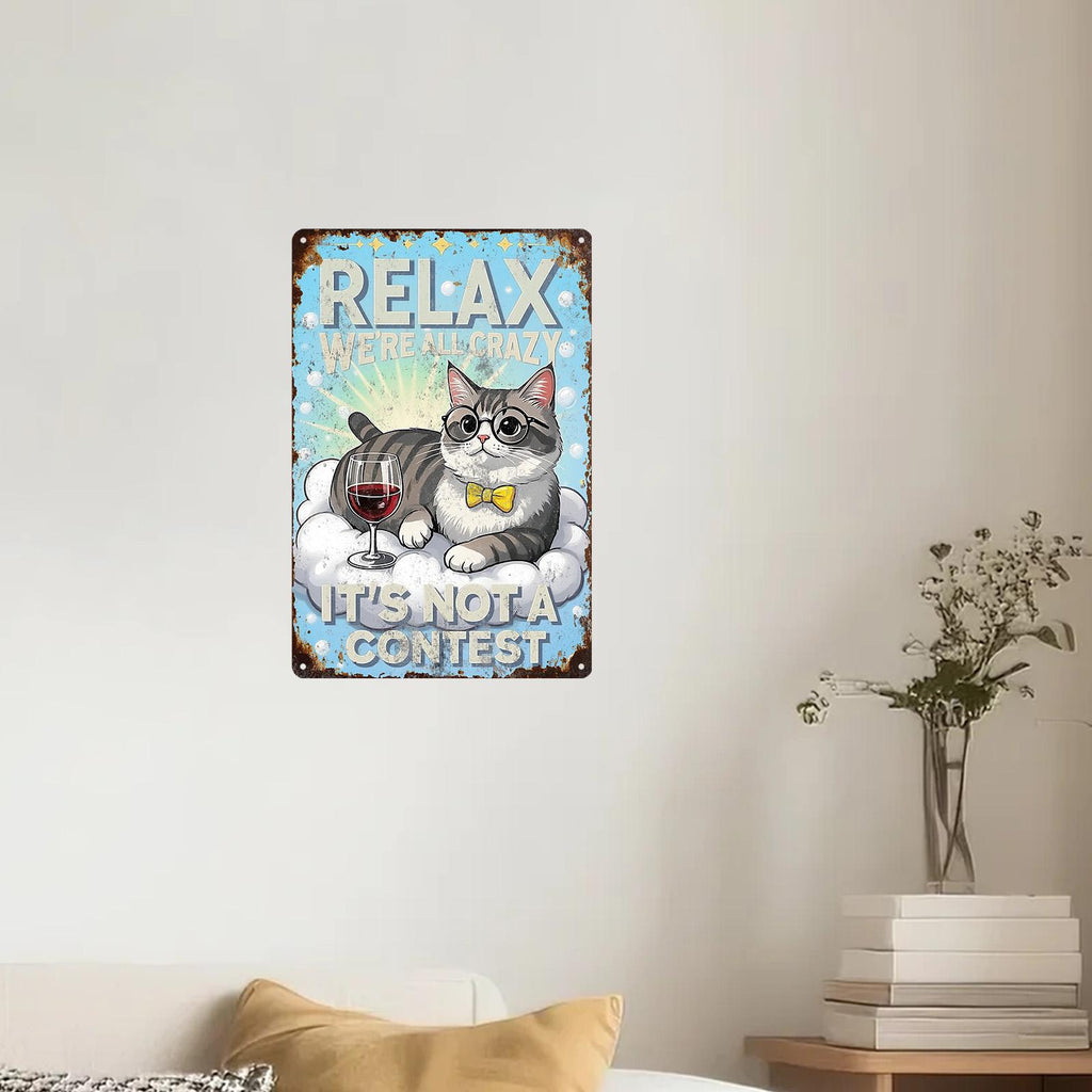 Funny Cat Metal Sign: Retro Wine Drinking Humor Decor