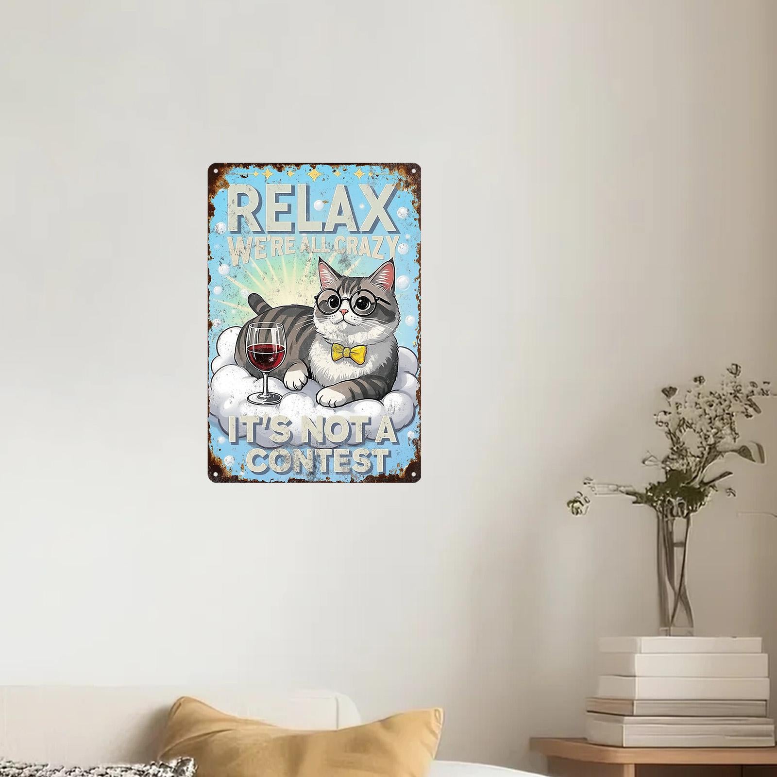 Funny Cat Metal Sign: Retro Wine Drinking Humor Decor