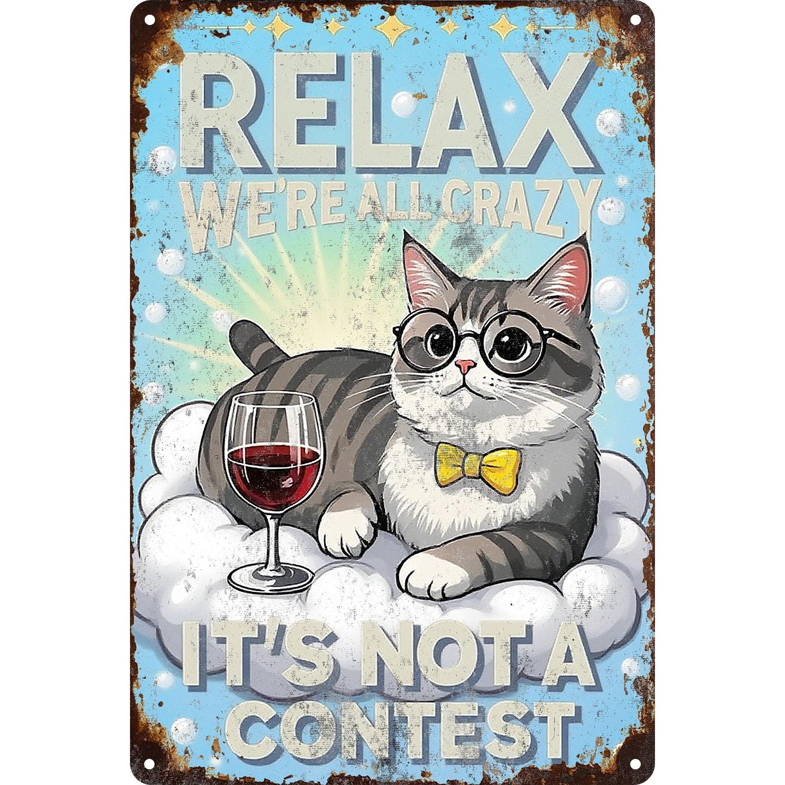 Funny Cat Metal Sign: Retro Wine Drinking Humor Decor