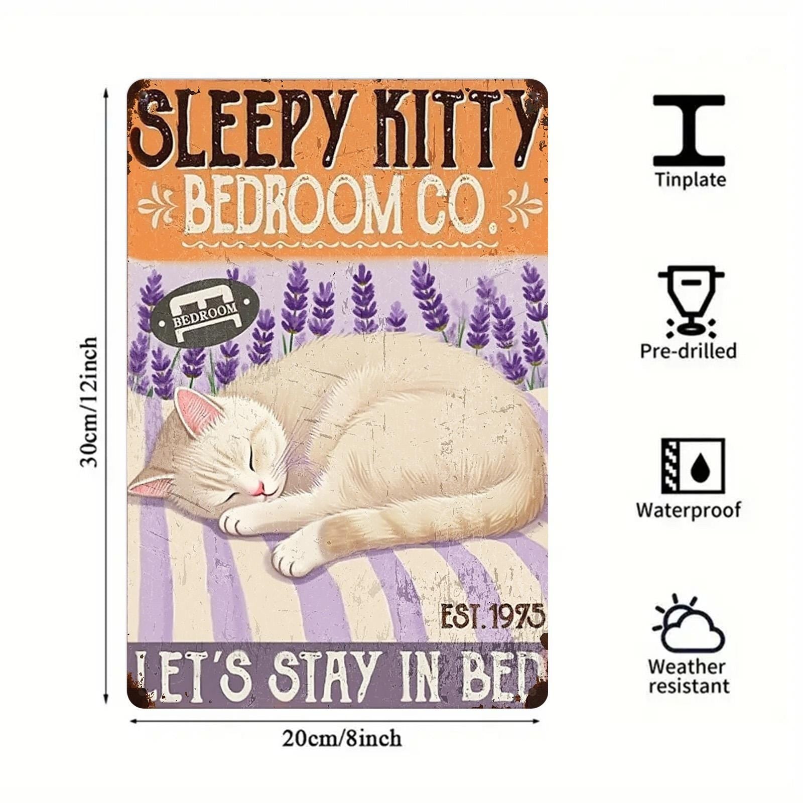 Sleepy Kitty Metal Tin Sign: Vintage Bedroom Wall Decor