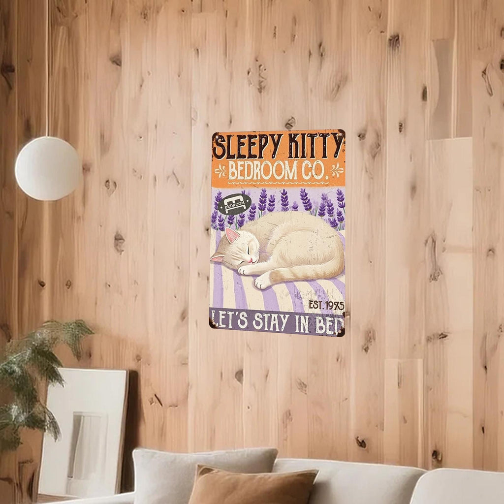 Müde Kätzchen Blechschild | Vintage Schlafzimmer Wanddekoration