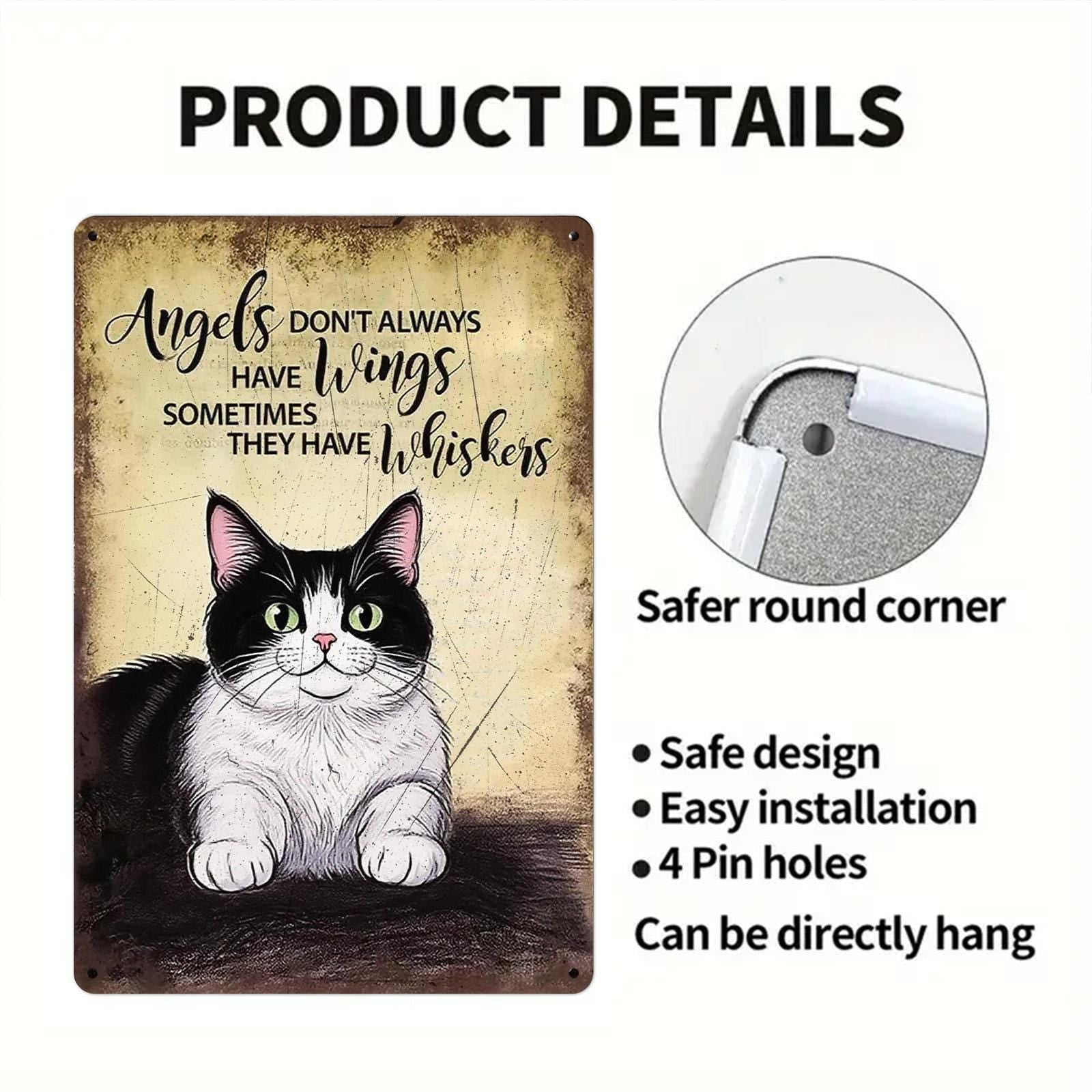 Angels Have Whiskers Cat Metal Sign: Vintage Inspirational Wall Decor