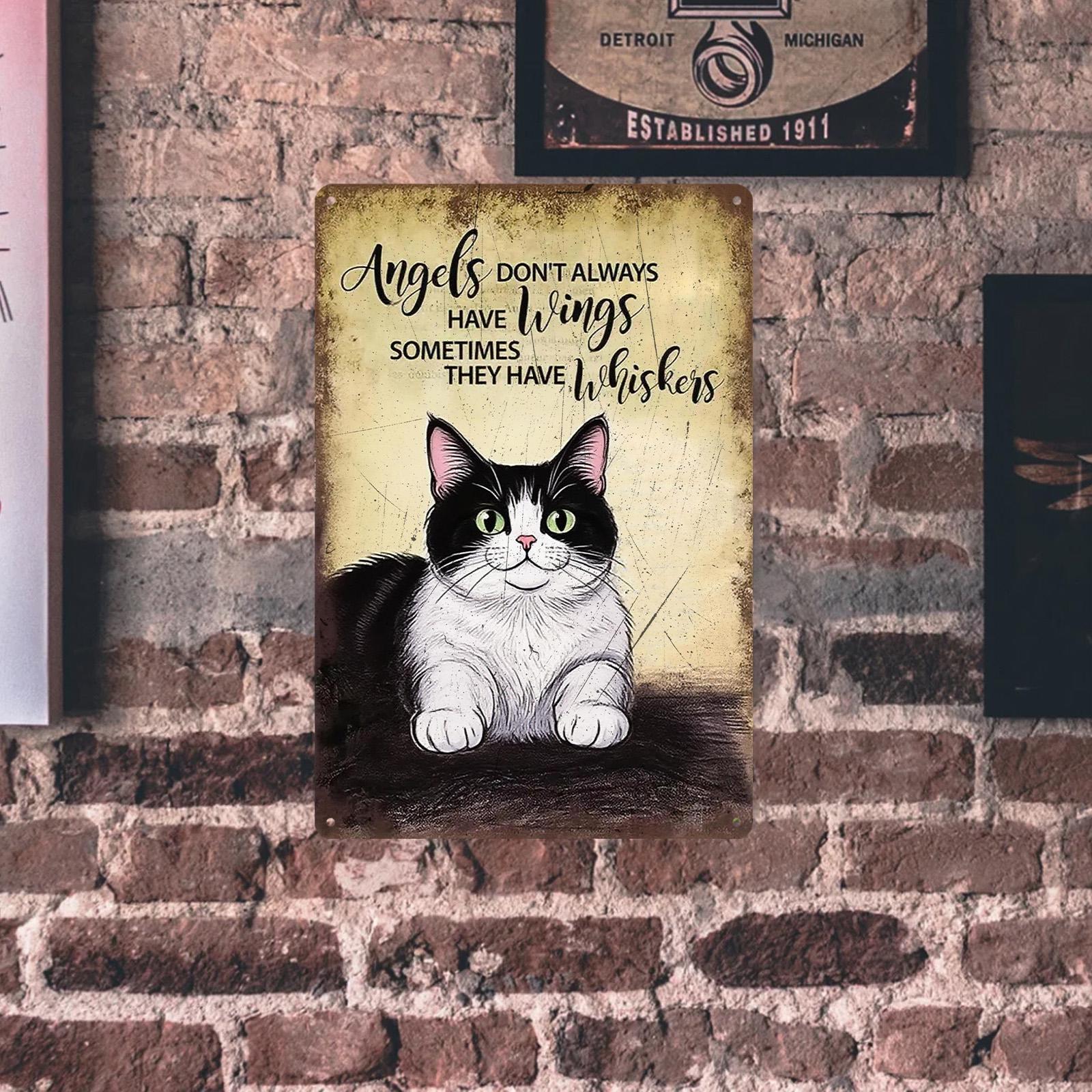 Angels Have Whiskers Cat Metal Sign: Vintage Inspirational Wall Decor