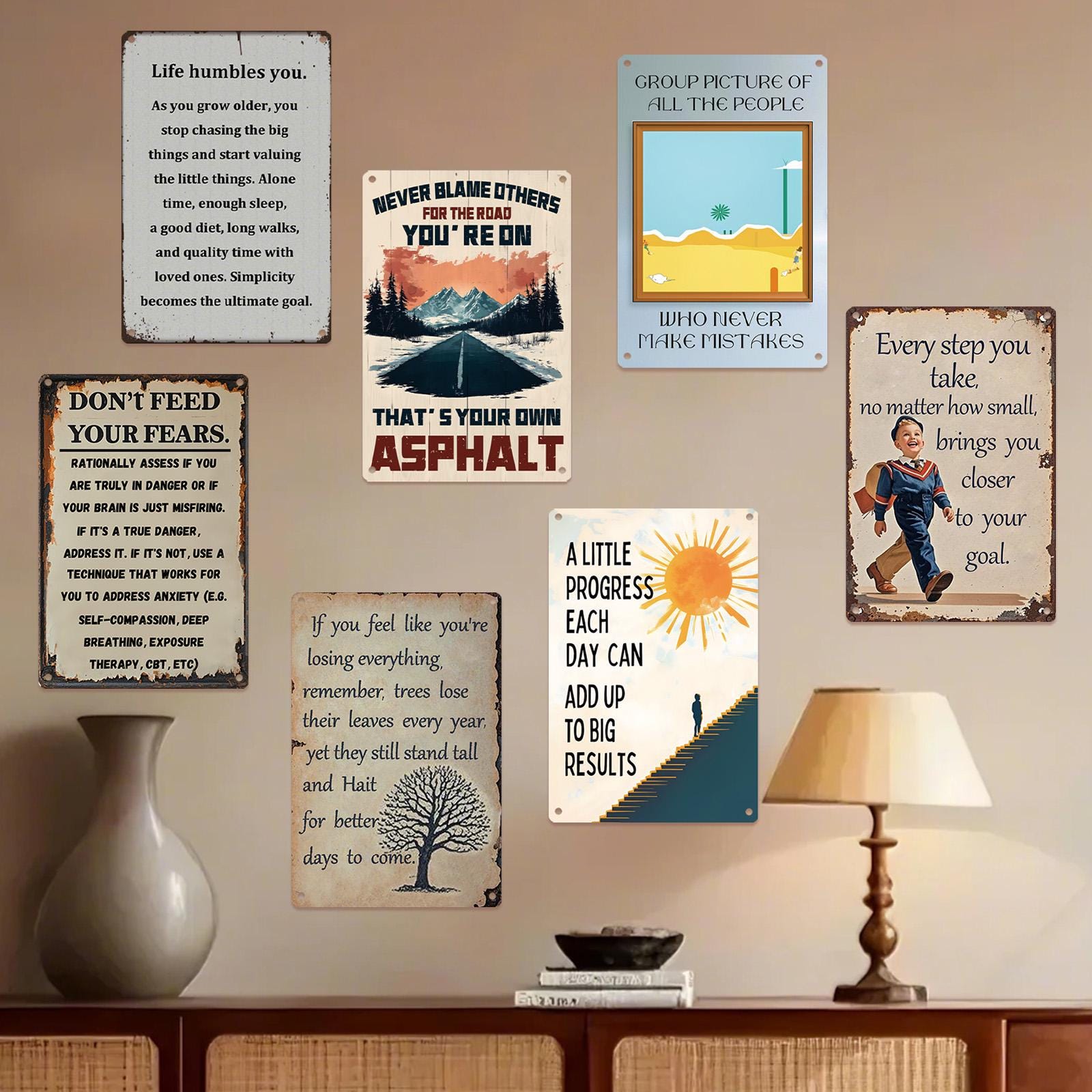Inspirational Metal Sign Set: Vintage Motivational Wall Art - Home Office Decor