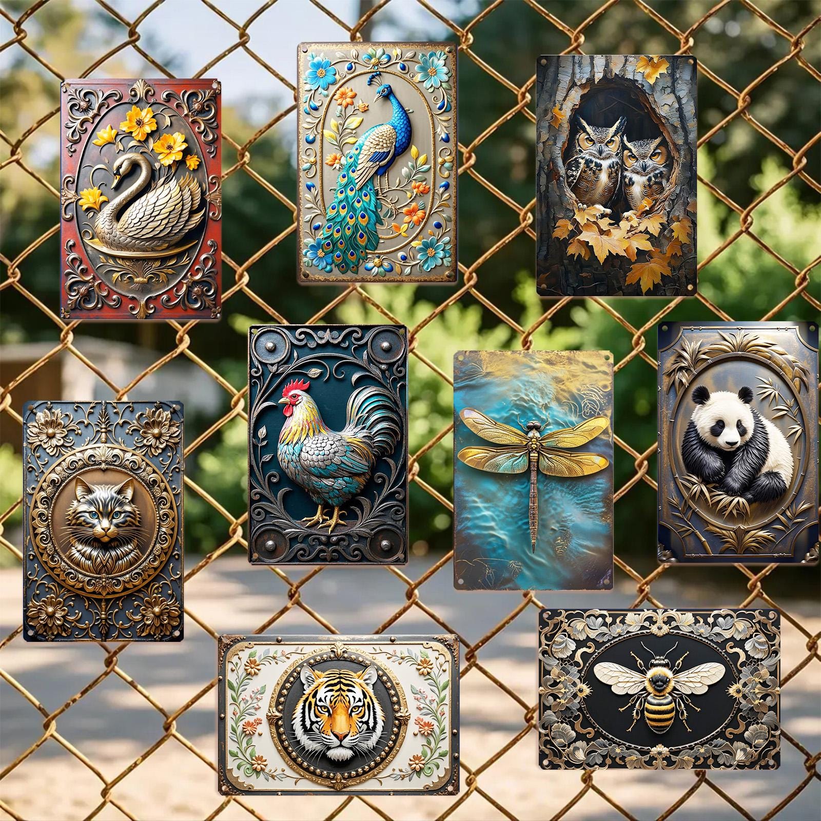 Décoration murale vintage en métal animaux | Cygne, paon, hibou, abeille et autres enseignes métalliques