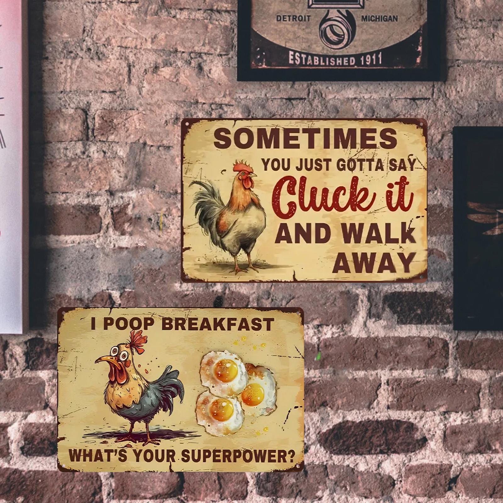 Funny Chicken Metal Sign: Farmhouse Kitchen Rooster Decor
