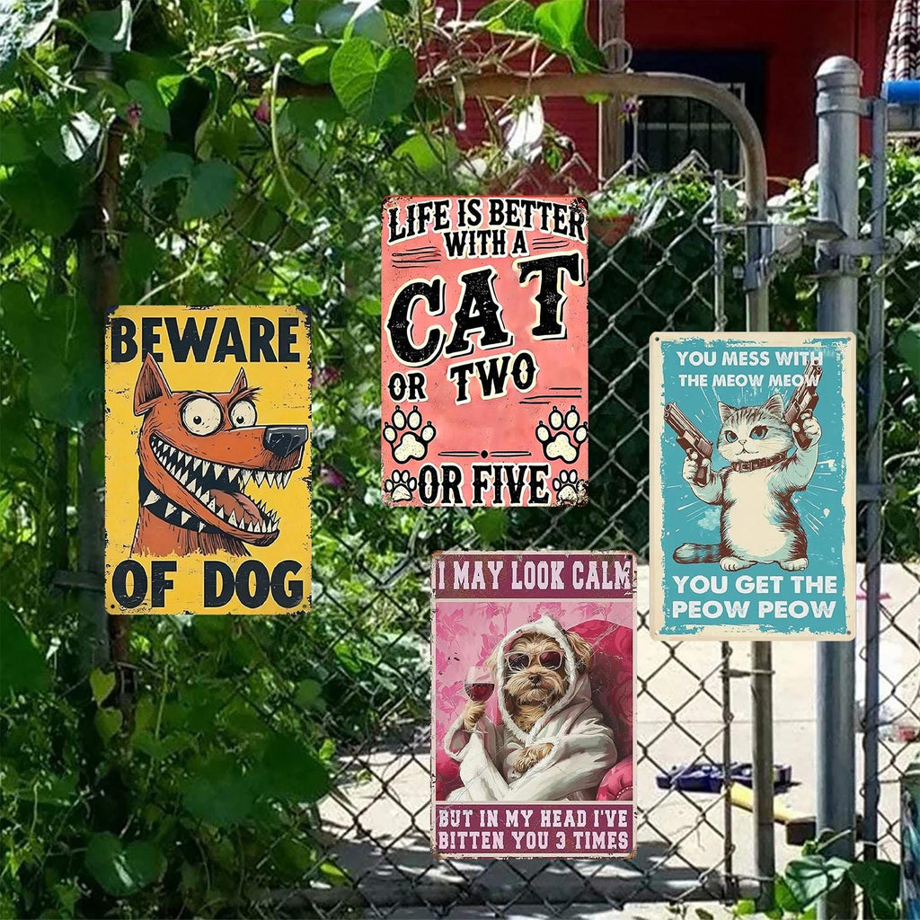 Plaque en métal amusante chat et chien | Décoration d'intérieur rustique vintage