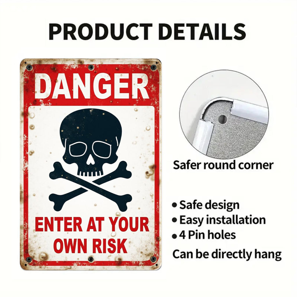 Danger Skull Crossbones Metal Sign: Industrial Garage Decor