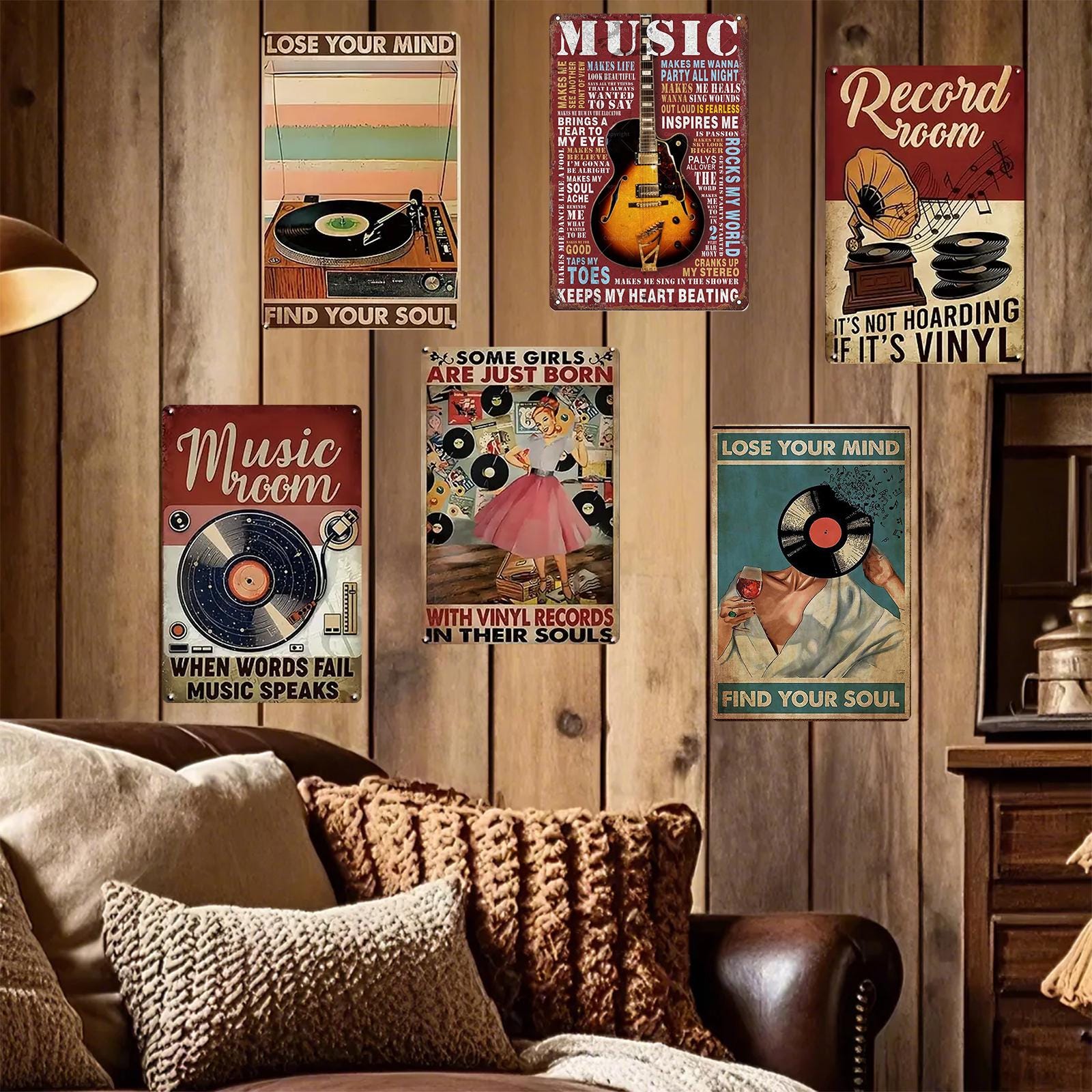 Retro Music Metal Sign Set: Gramophone & Guitar Wall Art (8x12 in)