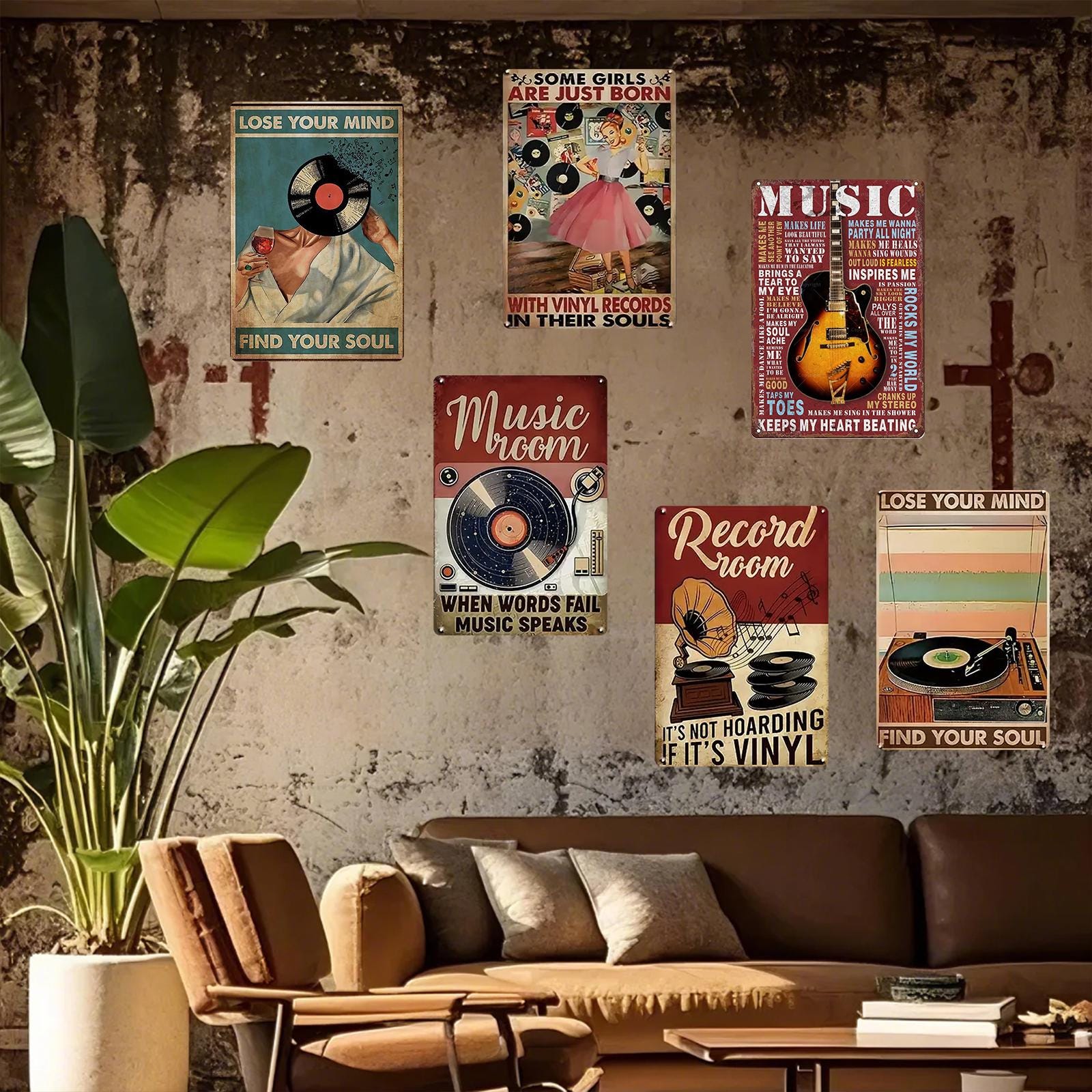 Retro Music Metal Sign Set: Gramophone & Guitar Wall Art (8x12 in)