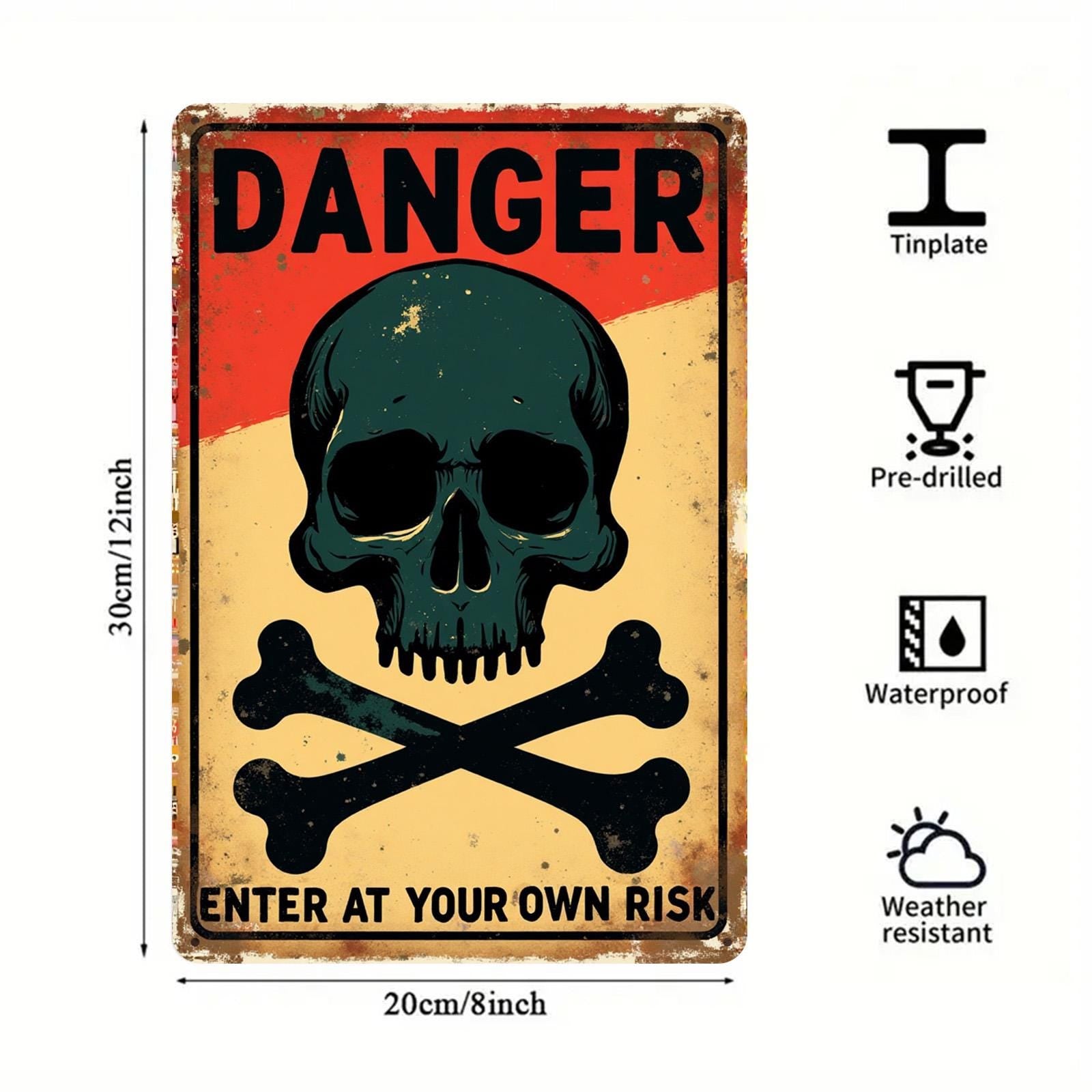 Vintage Skull Danger Sign: Industrial Garage Wall Decor, Durable Tinplate