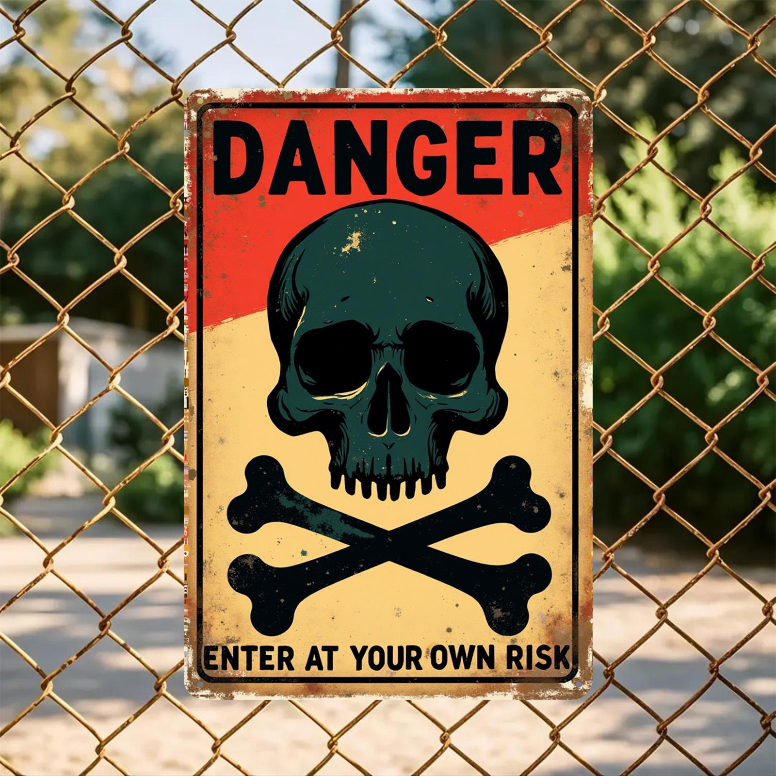 Vintage Skull Danger Sign: Industrial Garage Wall Decor, Durable Tinplate