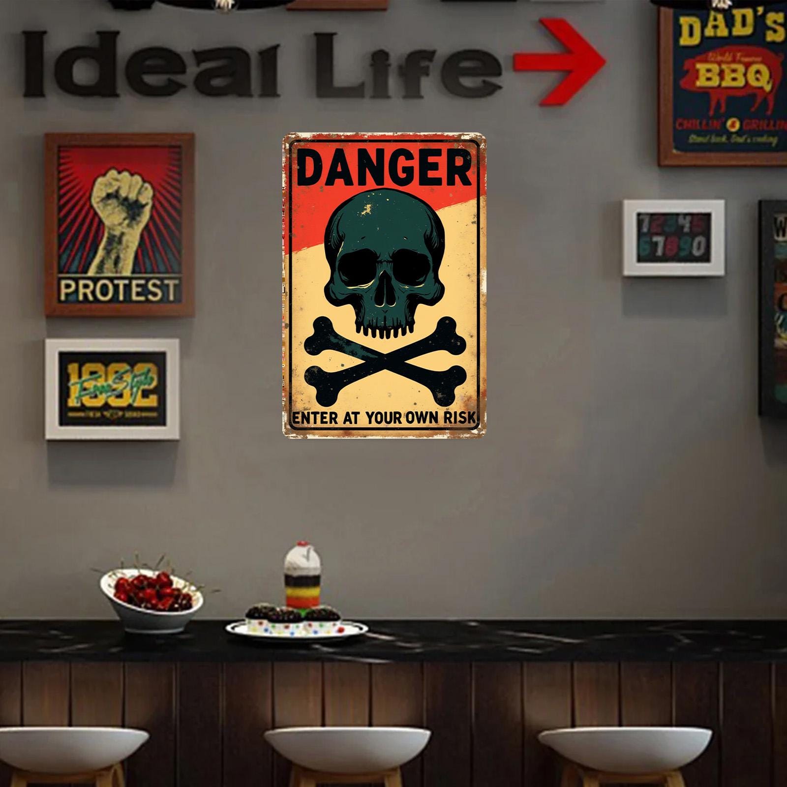 Vintage Skull Danger Sign: Industrial Garage Wall Decor, Durable Tinplate