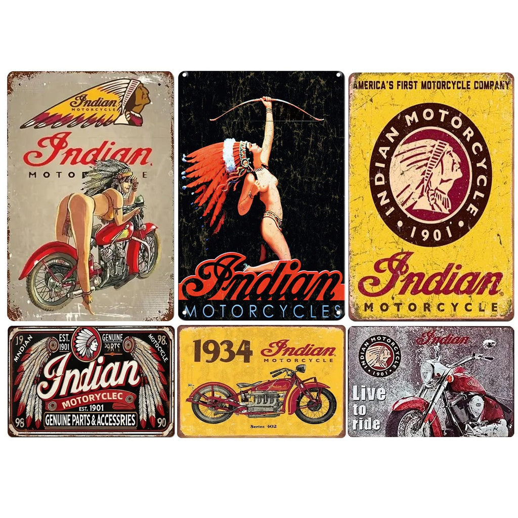 Plaques métalliques vintage Indian Motorcycle | Décoration murale rétro pour garage et bar (Lot de 6)