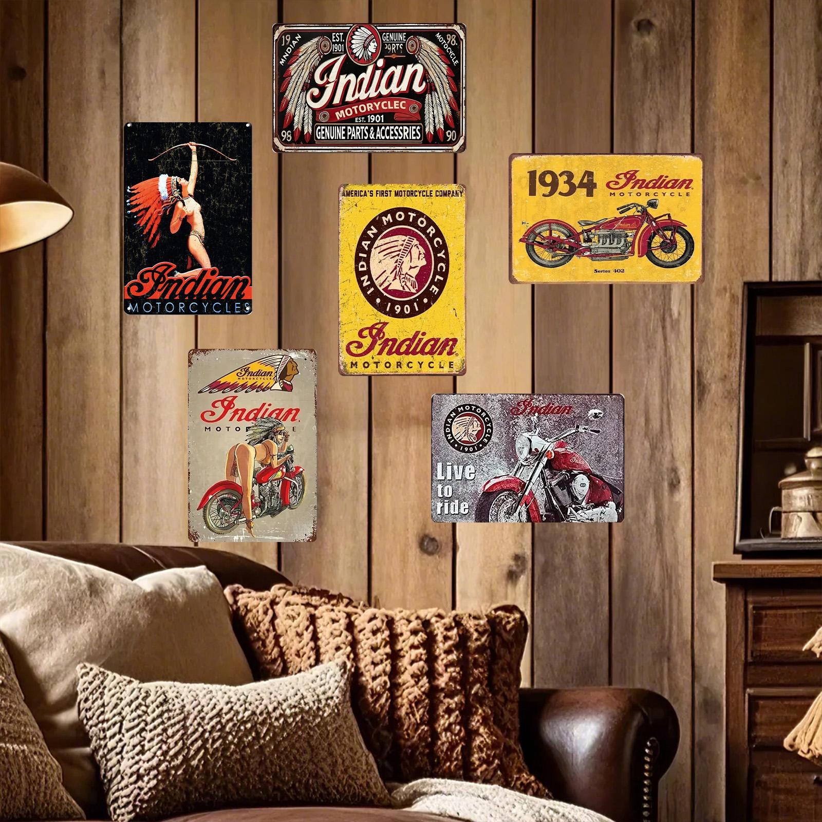 Vintage Indian Motorcycle Metal Signs: Retro Garage & Bar Wall Decor (Set of 6)