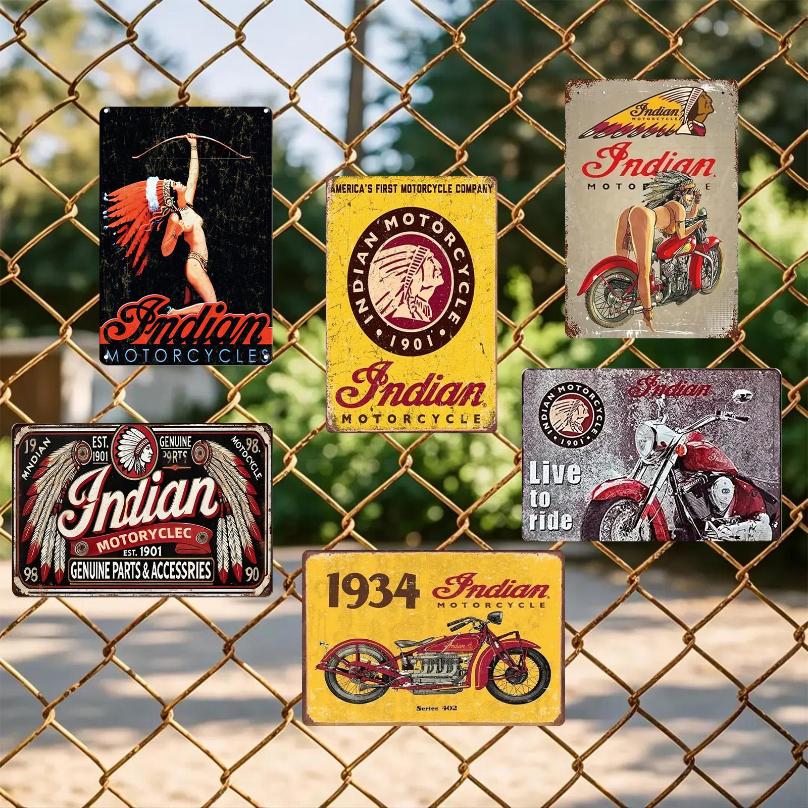 Vintage Indian Motorcycle Metal Signs: Retro Garage & Bar Wall Decor (Set of 6)