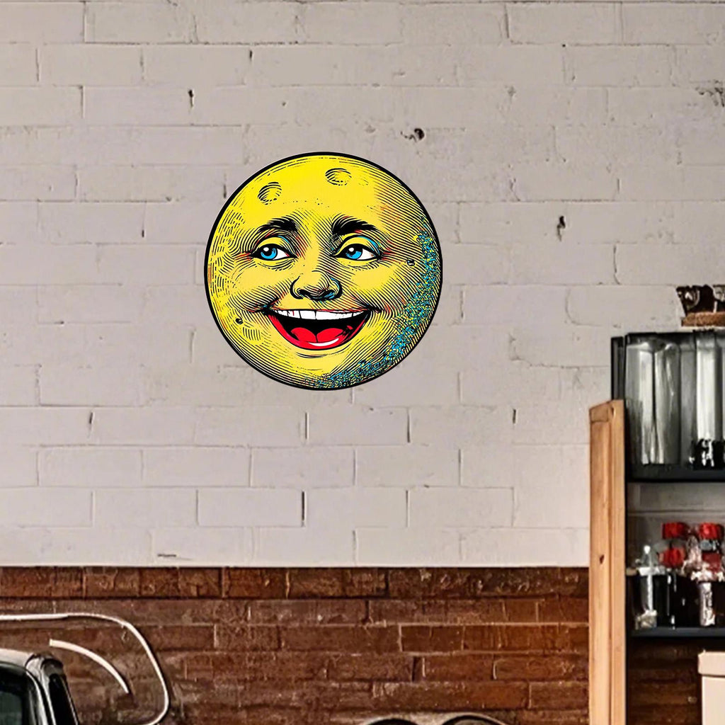 Pancarte métallique lune souriante vintage | Décoration murale céleste rétro