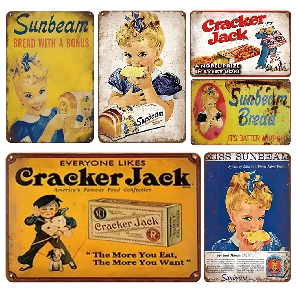 Lot de panneaux décoratifs en tôle vintage Sunbeam et Cracker Jack | Décor rétro pour cuisine et café
