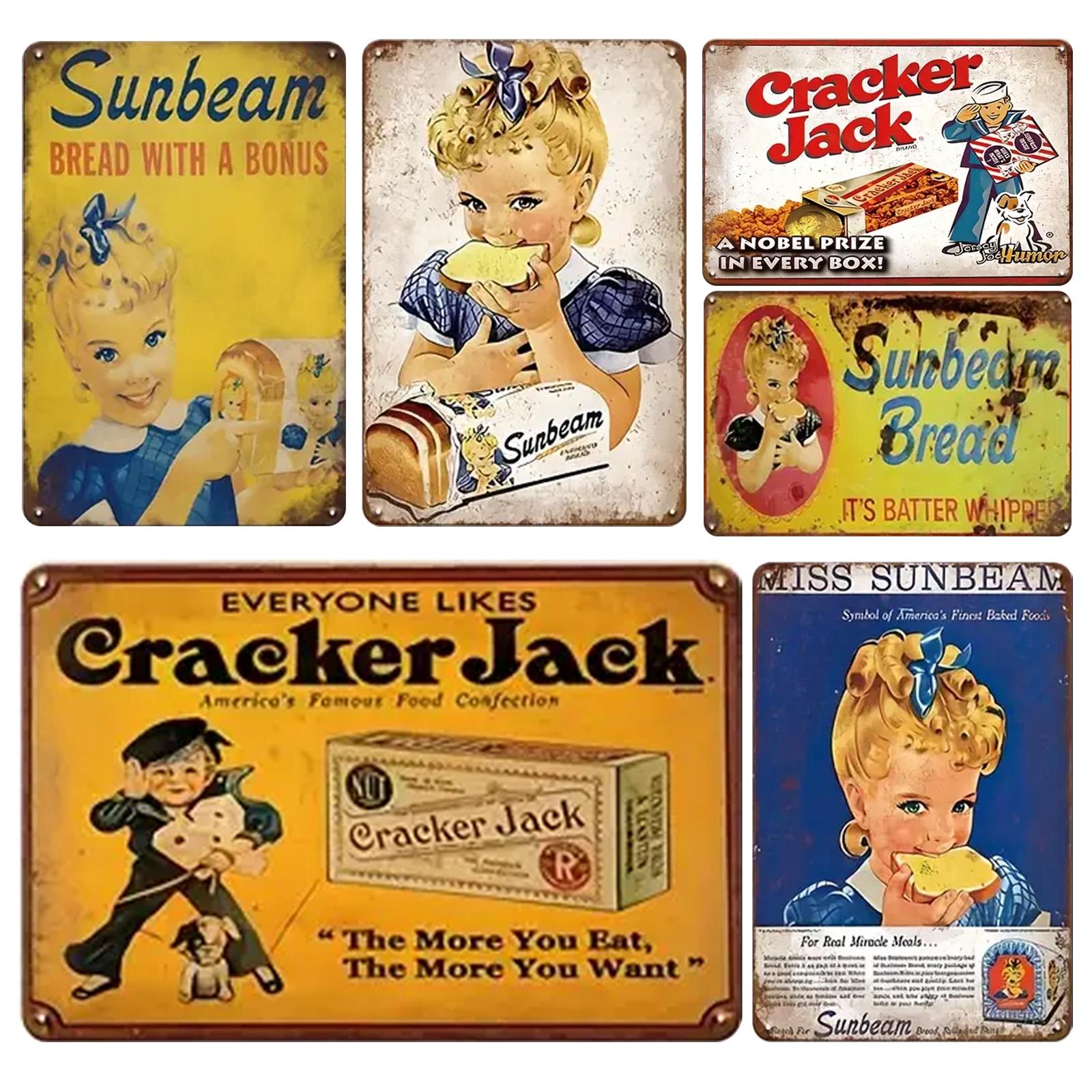 Vintage Sunbeam & Cracker Jack Tin Sign Set: Retro Kitchen Cafe Decor