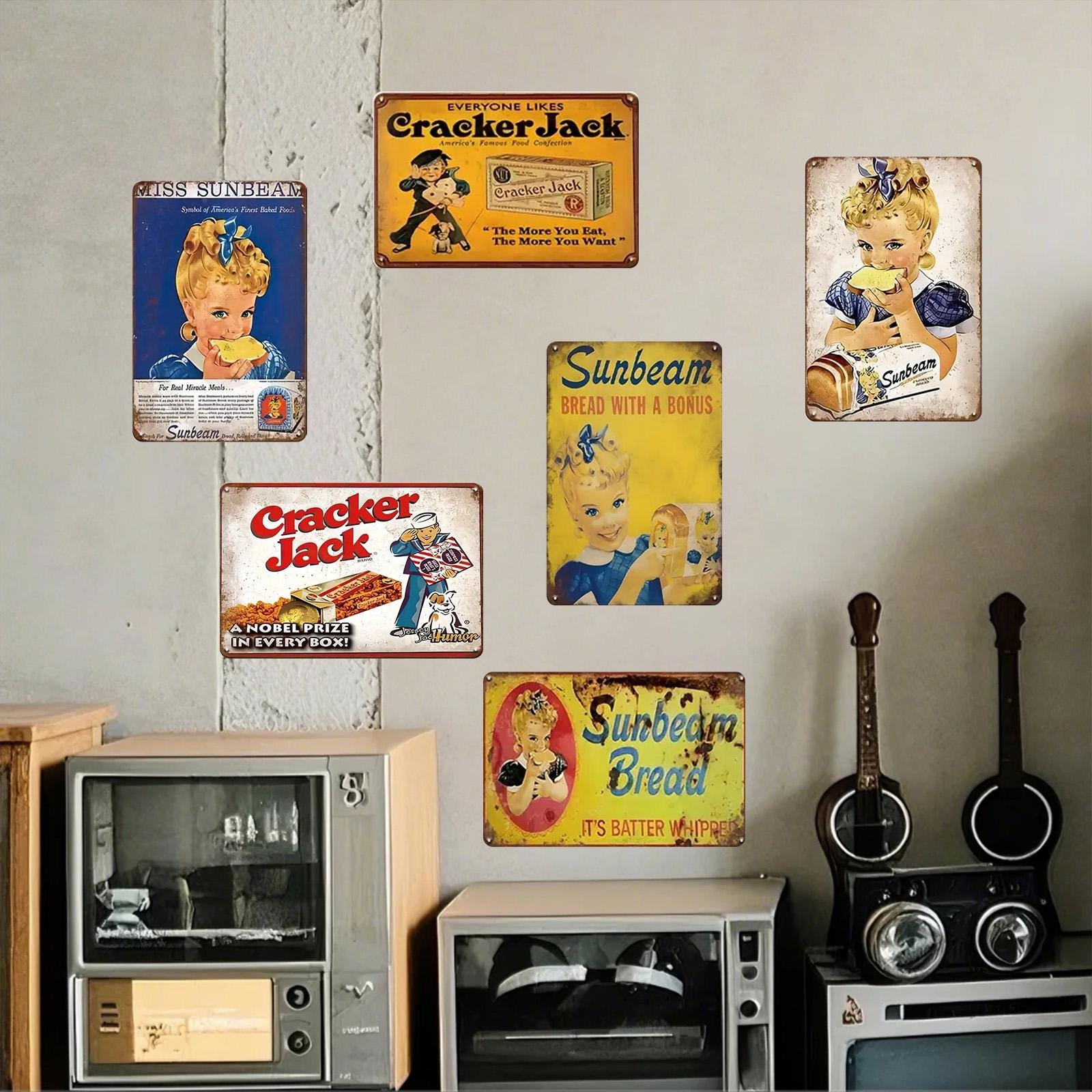 Vintage Sunbeam & Cracker Jack Tin Sign Set: Retro Kitchen Cafe Decor