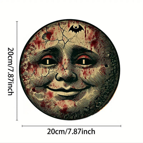Creepy Blood Moon Face Metal Sign Halloween Gothic Horror Wall Art Scary Vintage Tin Plaque with Bat