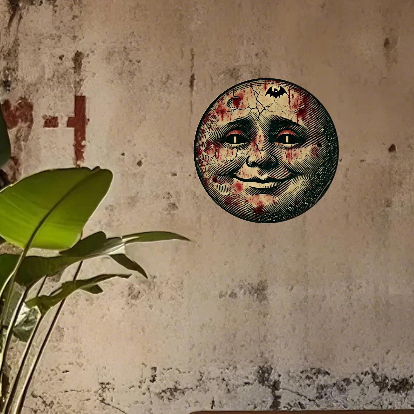 Creepy Blood Moon Face Metal Sign Halloween Gothic Horror Wall Art Scary Vintage Tin Plaque with Bat