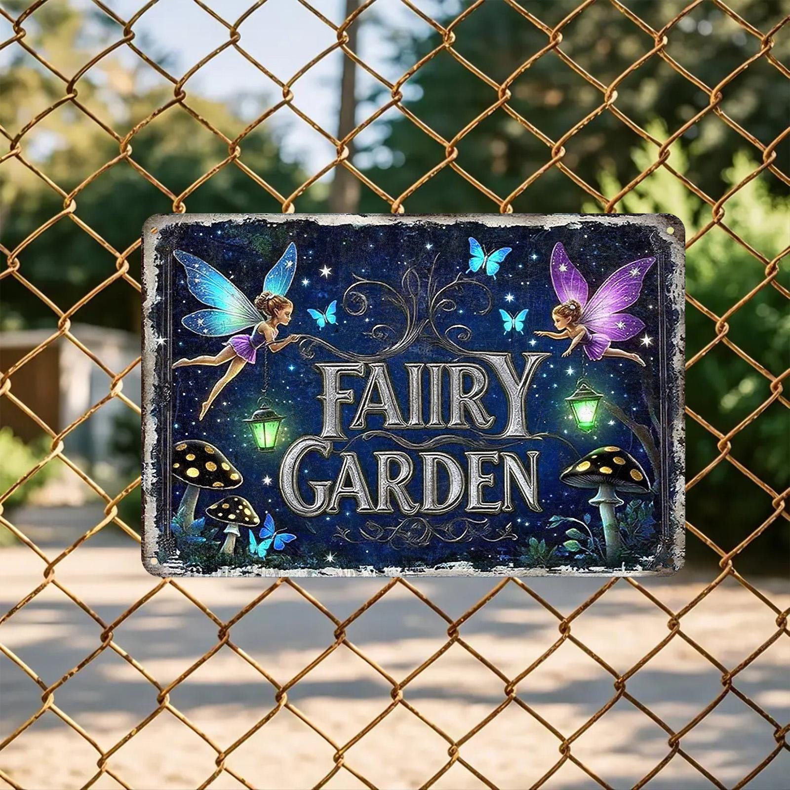 Fairy Garden Metal Sign: Vintage Rustic Wall Art, Outdoor Decor (8x12 Inches)