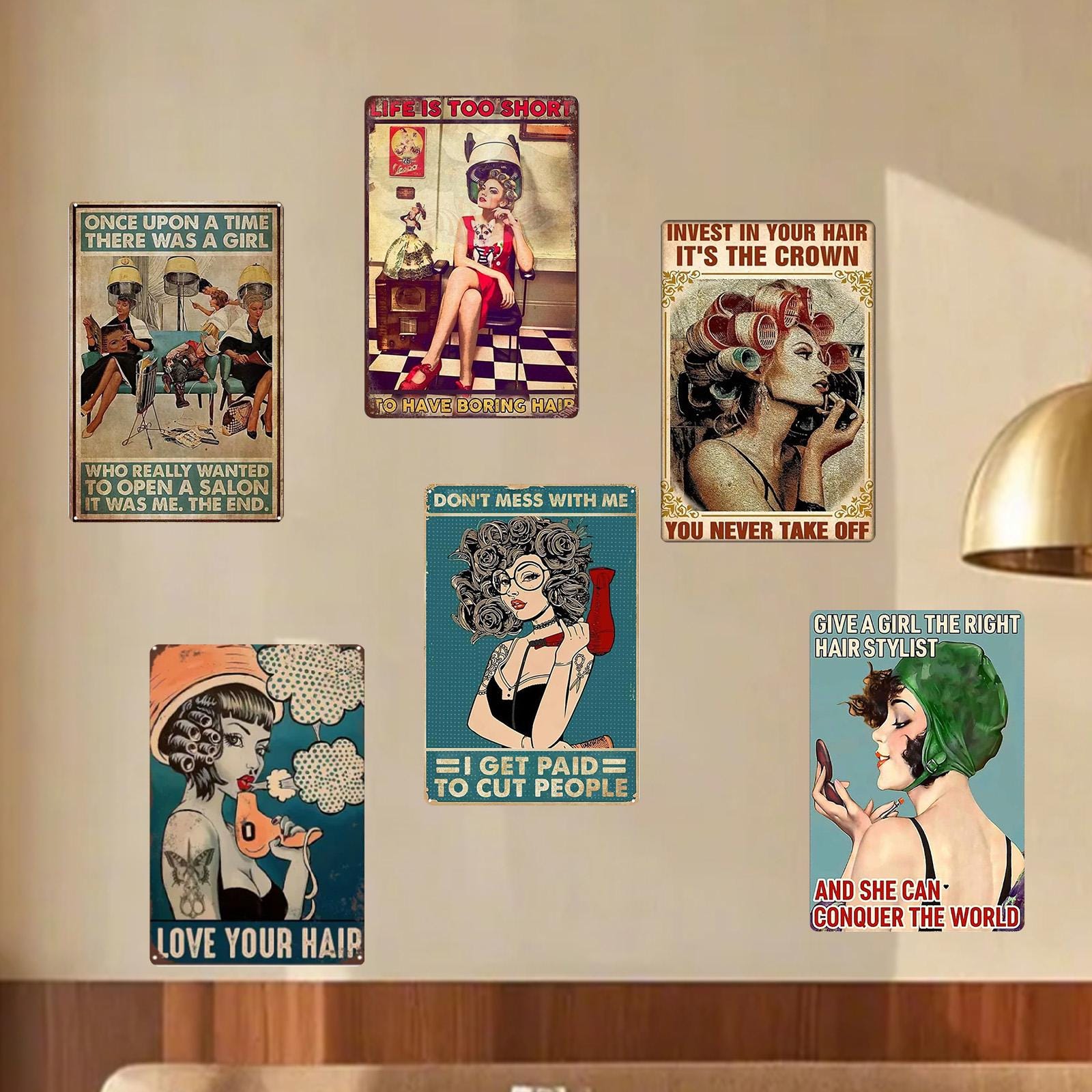 Retro Hair Salon Metal Sign Set: Vintage Barber Shop Wall Decor