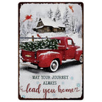 Panneau métallique de Noël camions rouges rétro | Décor de vacances style ferme