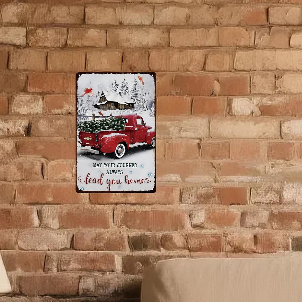 Panneau métallique de Noël camions rouges rétro | Décor de vacances style ferme