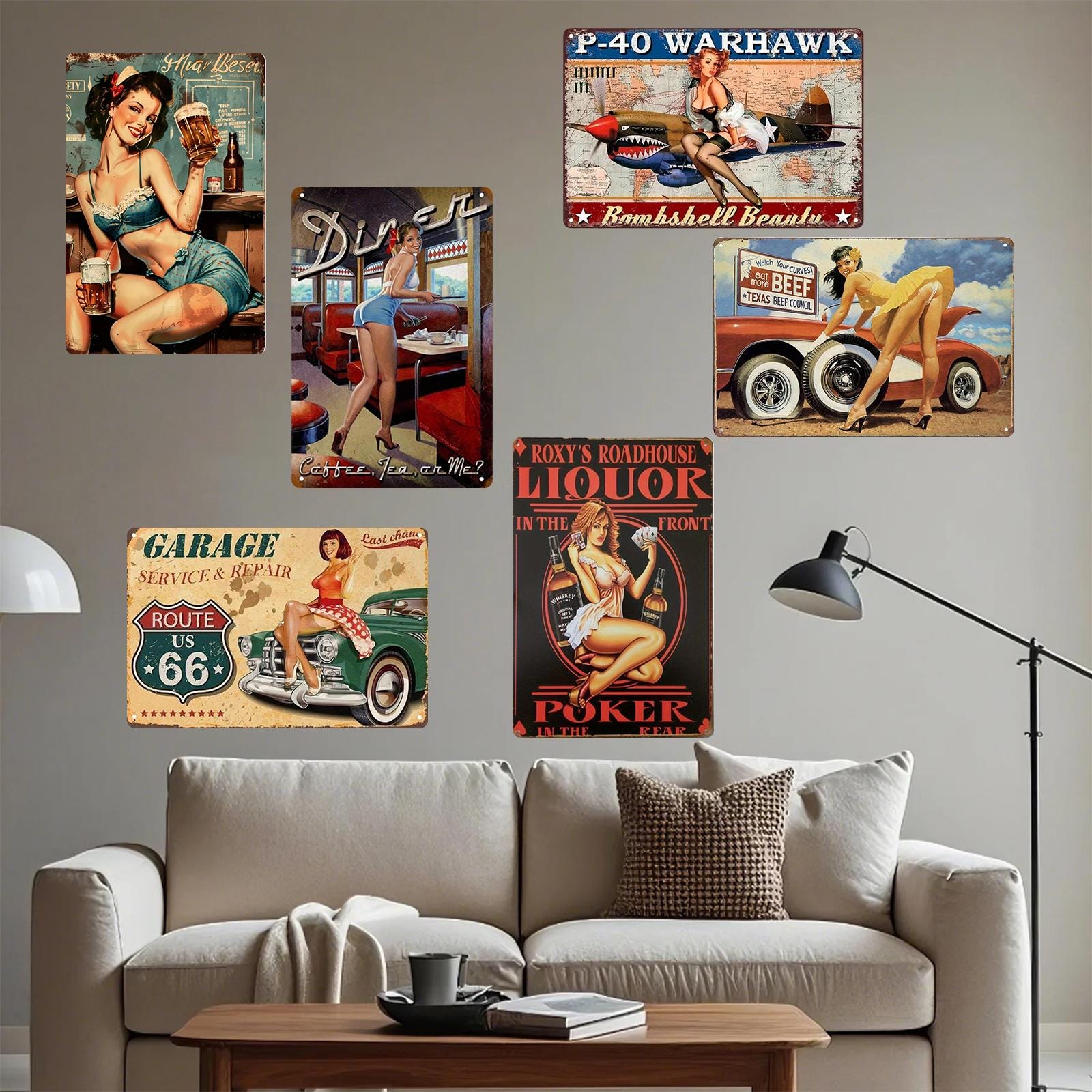 Vintage Pin-Up Girl Metal Tin Sign: Retro Route 66 Wall Art