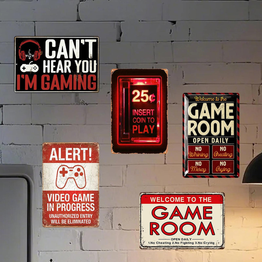 Lot d'enseignes métalliques sur le thème des jeux vidéo rétro | Insert Coin et citations de gaming