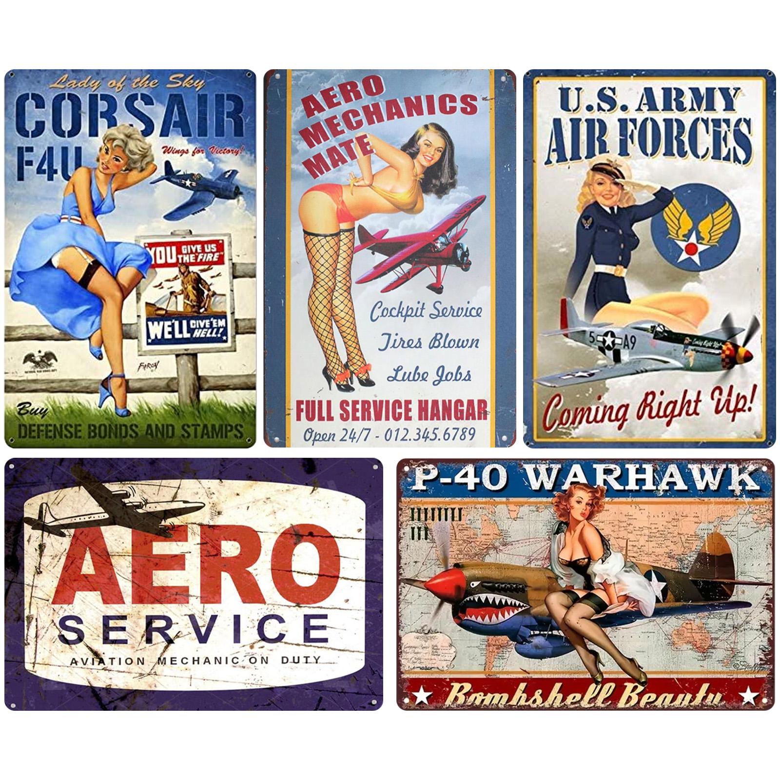 Vintage Pin-Up Girl Aviation Metal Sign: P-40 Warhawk & Corsair Designs