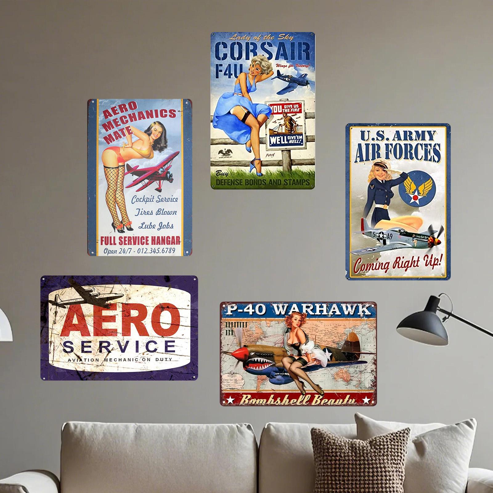 Vintage Pin-Up Girl Aviation Metal Sign: P-40 Warhawk & Corsair Designs
