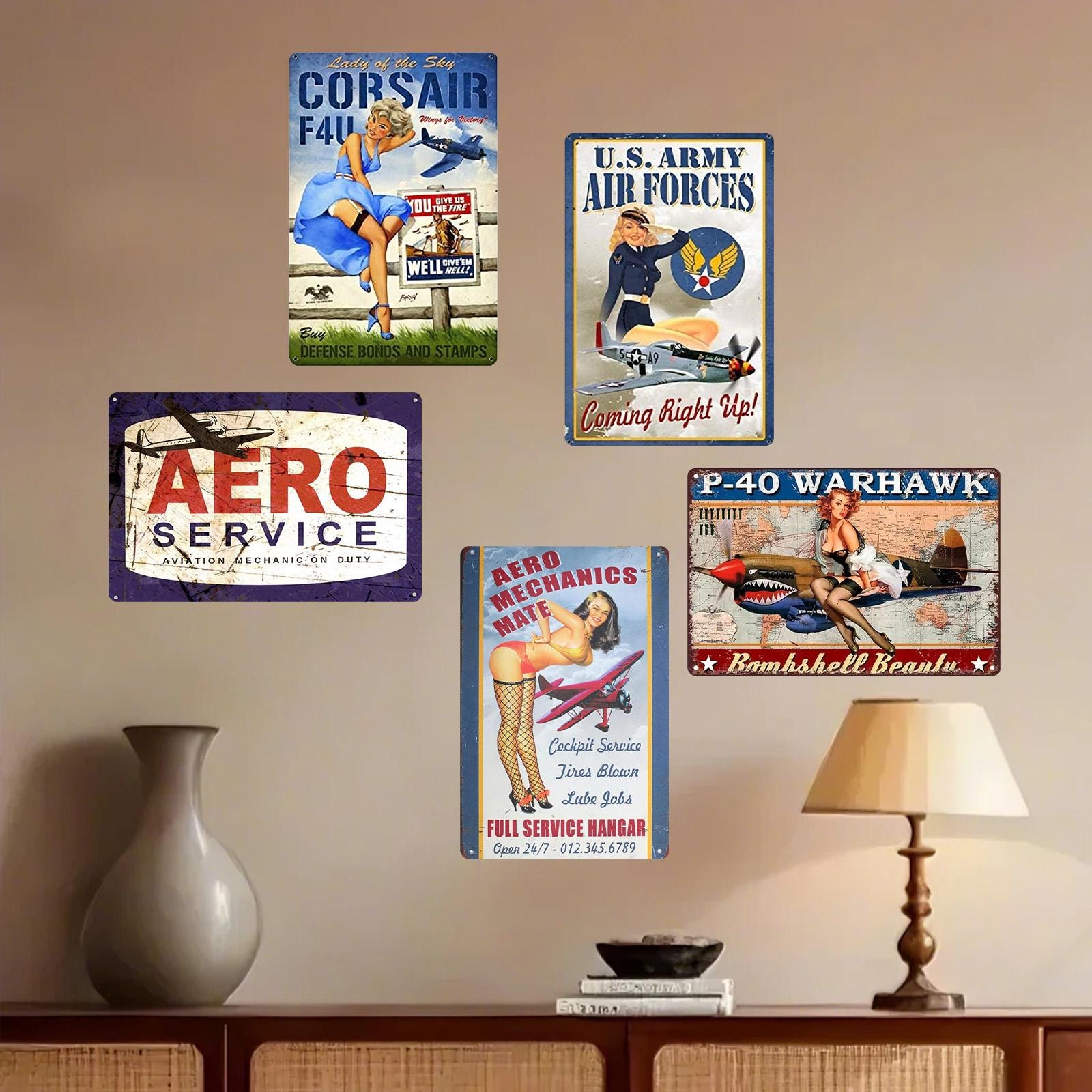Vintage Pin-Up Girl Aviation Metal Sign: P-40 Warhawk & Corsair Designs