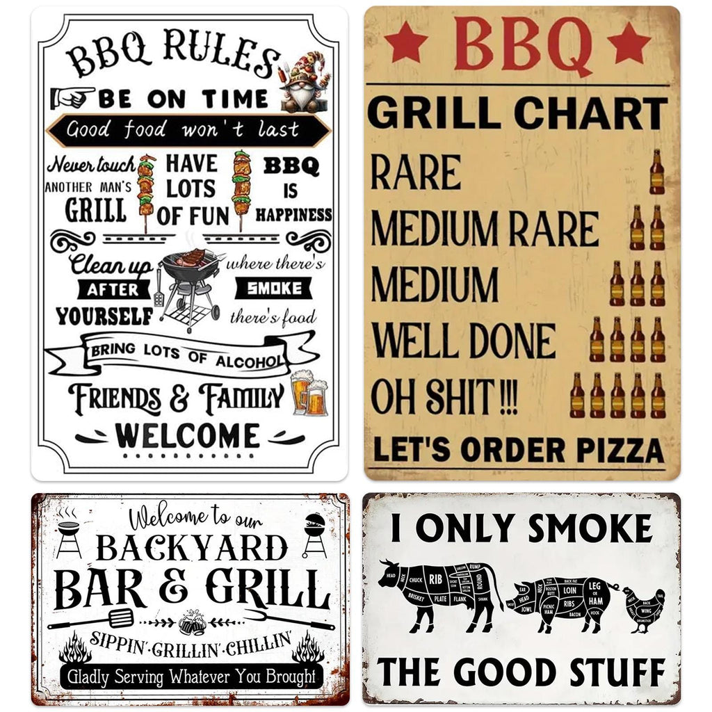 Vintage BBQ Grill Rules Metal Signs Set (4)