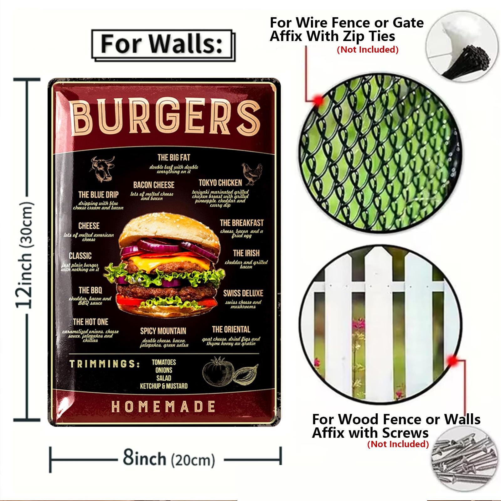 Vintage Burgers Metal Tin Sign: Retro Kitchen, Bar Decor