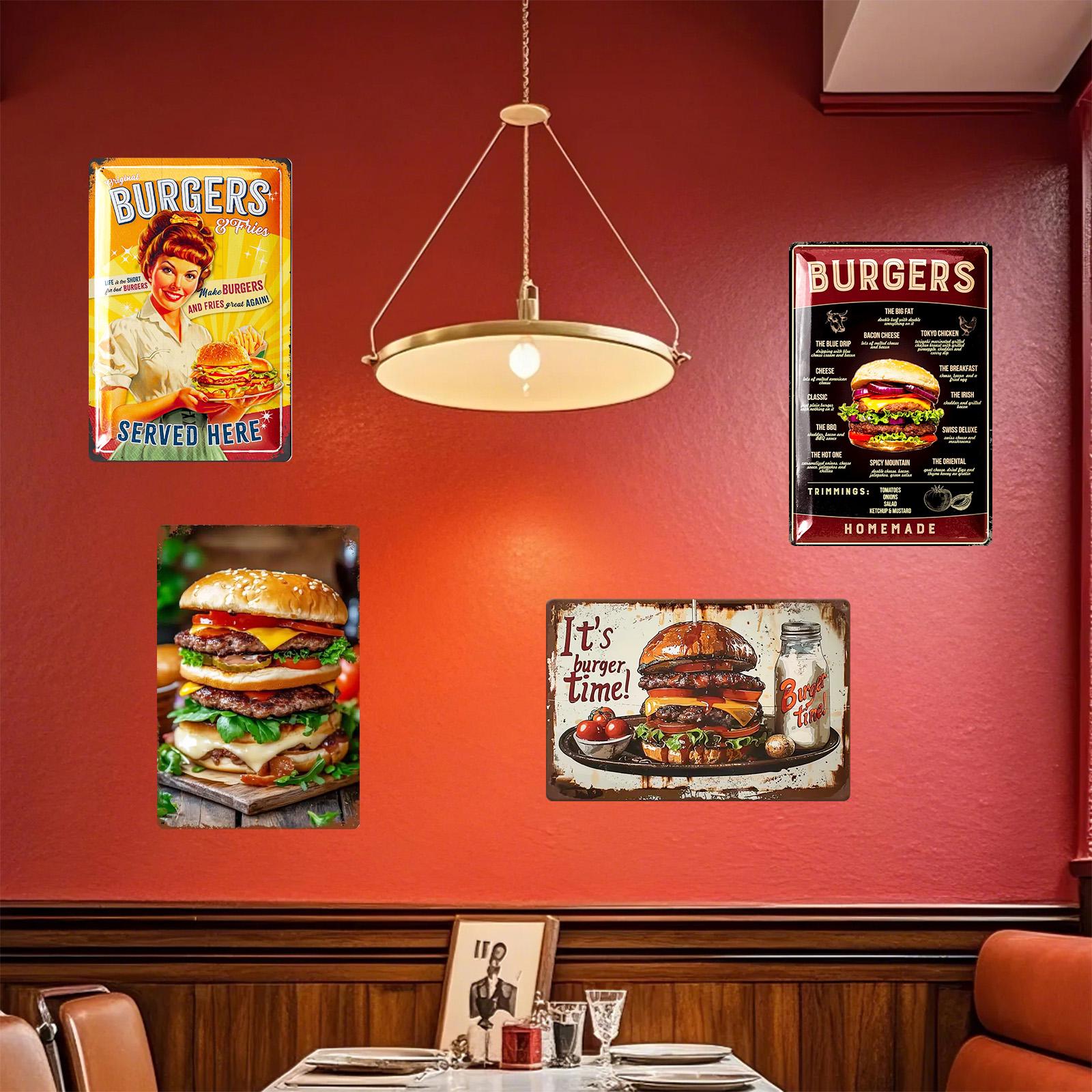 Vintage Burgers Metal Tin Sign: Retro Kitchen, Bar Decor