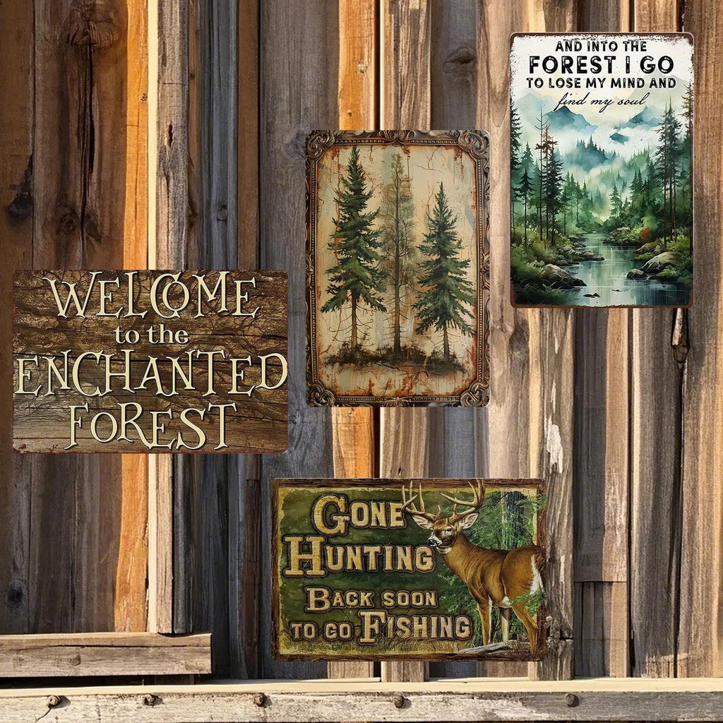 Rustic Enchanted Forest Metal Signs: Hunting Fishing Decor - Set of 4