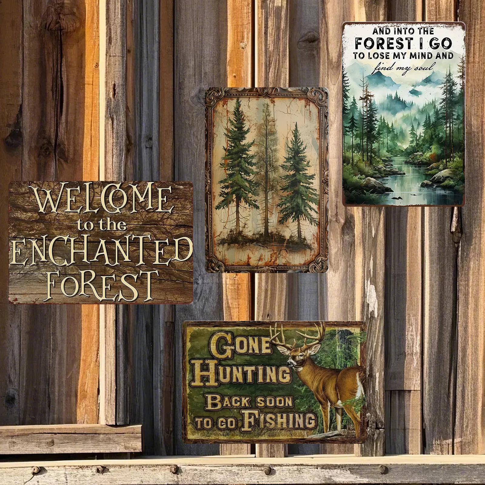 Rustic Enchanted Forest Metal Signs: Hunting Fishing Decor - Set of 4
