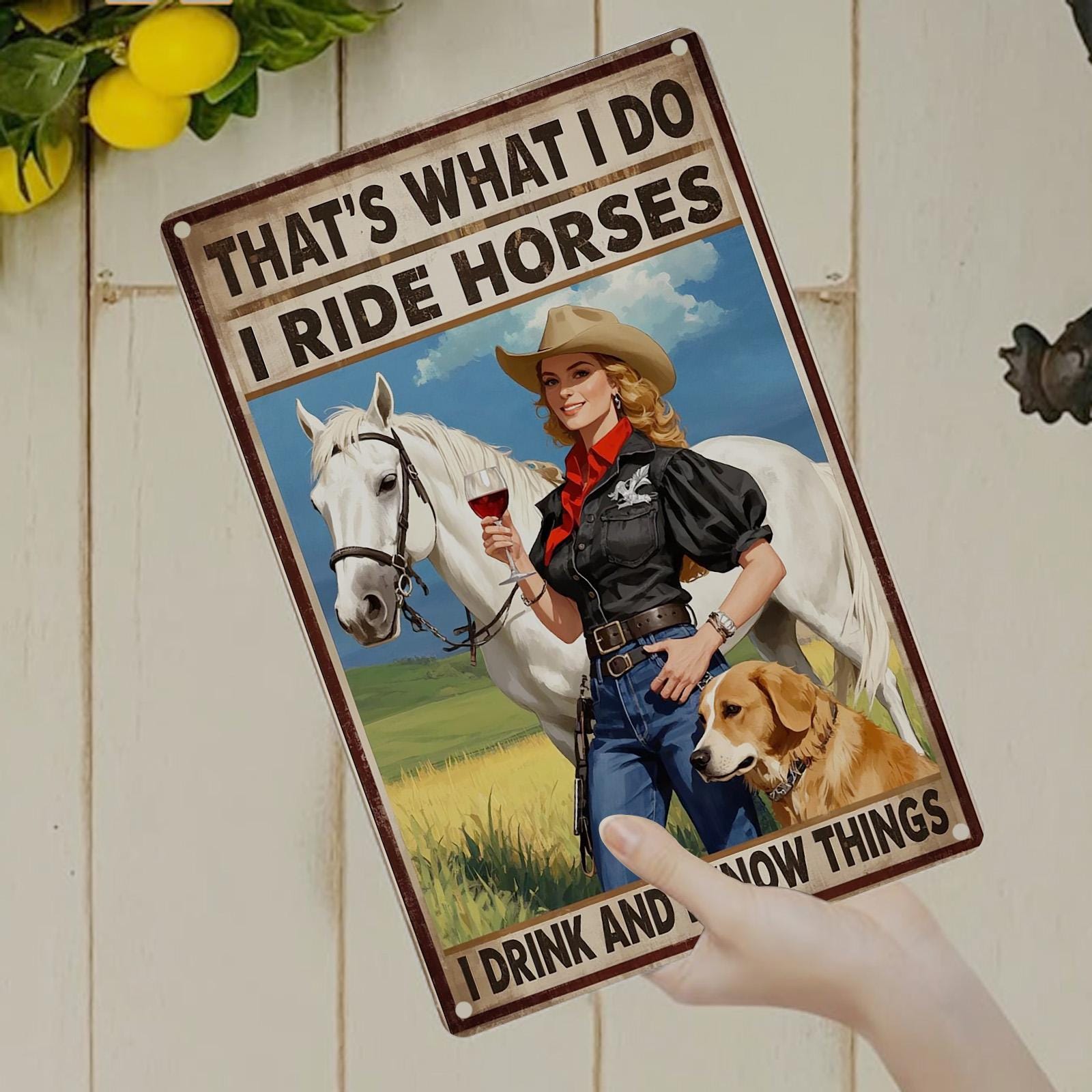 Horse Riding & Drinking Metal Sign: Vintage Style Wall Art