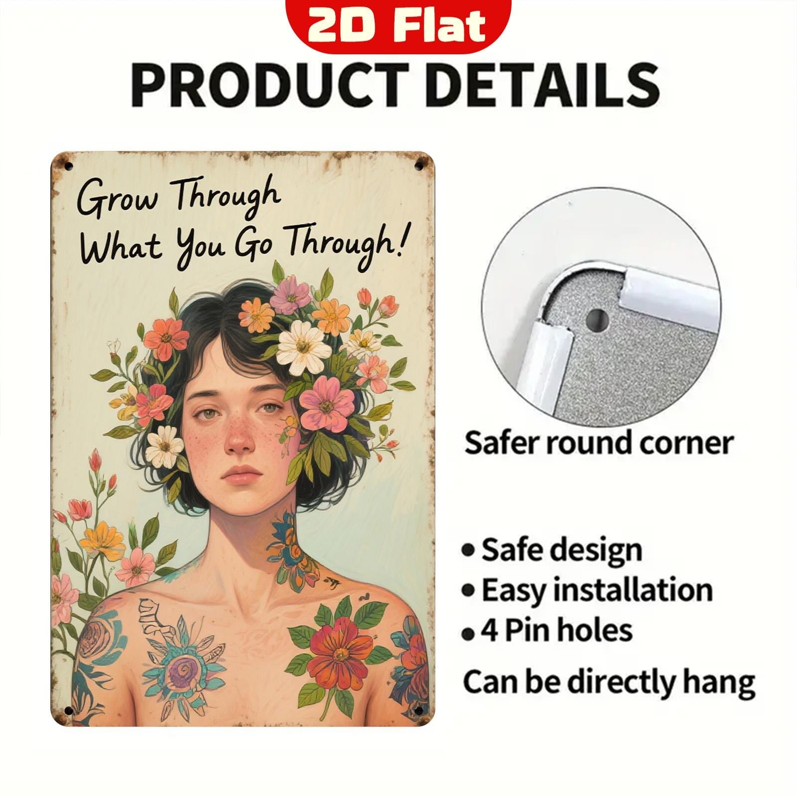 Inspirational Metal Sign: Vintage Floral Woman - Motivational Quote Decor