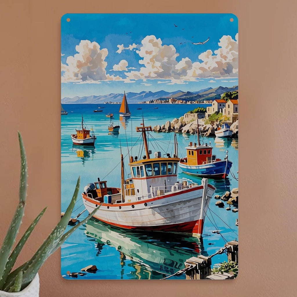 Vintage Coastal Fishing Boats Metal Wall Art: Nautical Ocean Scene