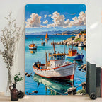 Vintage Coastal Fishing Boats Metal Wall Art: Nautical Ocean Scene