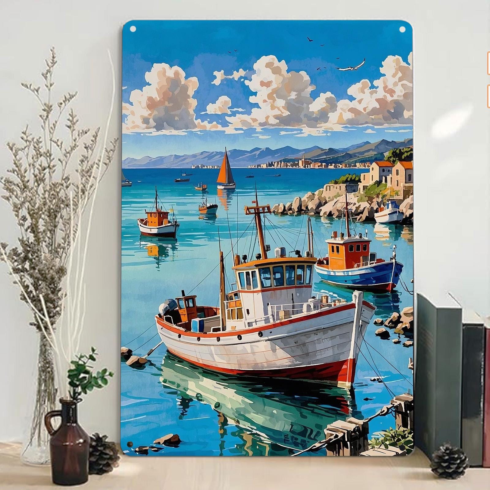 Vintage Coastal Fishing Boats Metal Wall Art: Nautical Ocean Scene