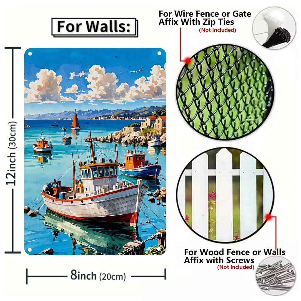 Vintage Coastal Fishing Boats Metal Wall Art: Nautical Ocean Scene